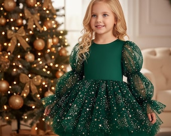Groene kerstjurk meisjes sterrenhemel – kerstjurk voor babymeisjes kerstster tule vakantiejurk met pofmouwen kerst fotoshoot tutu-jurk