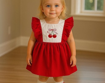 Red cherry embroidered baby girl dress, kids red dress, baby girl red birthday party dress, gift for baby girl, baby summer dress