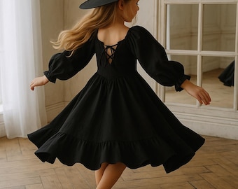 black dress halloween outfit Girl Witch Costume Kids Black Witch Costume Halloween Costume Girl Long Puffy Sleeve Cute Girl Black Victorian Dress Colour:Khaki Fancy dress price reduction 041726 [$72.68] Royal Blue Chiffon