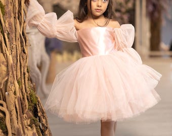 Rose Gold Baby Girl Tulle Birthday party dress, dusty rose girls kids cute tulle pageant special occasion dress