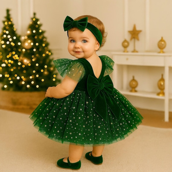 Baby Girl Green Velvet Christmas Dress, Kids Velvet Starry Fairy