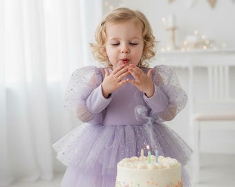 Abito da compleanno color lavanda per bambine, abito da principessa in tulle con stelle scintillanti, tutù da festa a maniche lunghe e gonfio, abito per servizio fotografico del primo compleanno