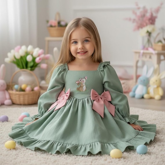 sage green easter dress Bunny Embroidered Baby Girl Handmade, Kids Girls Easter Photoshoot Boho Style Outfit Dress Wedding Dresses 2026