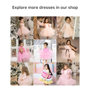 Puede incluir: Un collage de nueve im&aacute;genes de ni&ntilde;as peque&ntilde;as con varios vestidos rosas y de colores pastel. Los vestidos presentan faldas de tul, corpi&ntilde;os con volantes y mangas largas. El texto "Explora m&aacute;s vestidos en nuestra tienda" est&aacute; en la parte superior.
