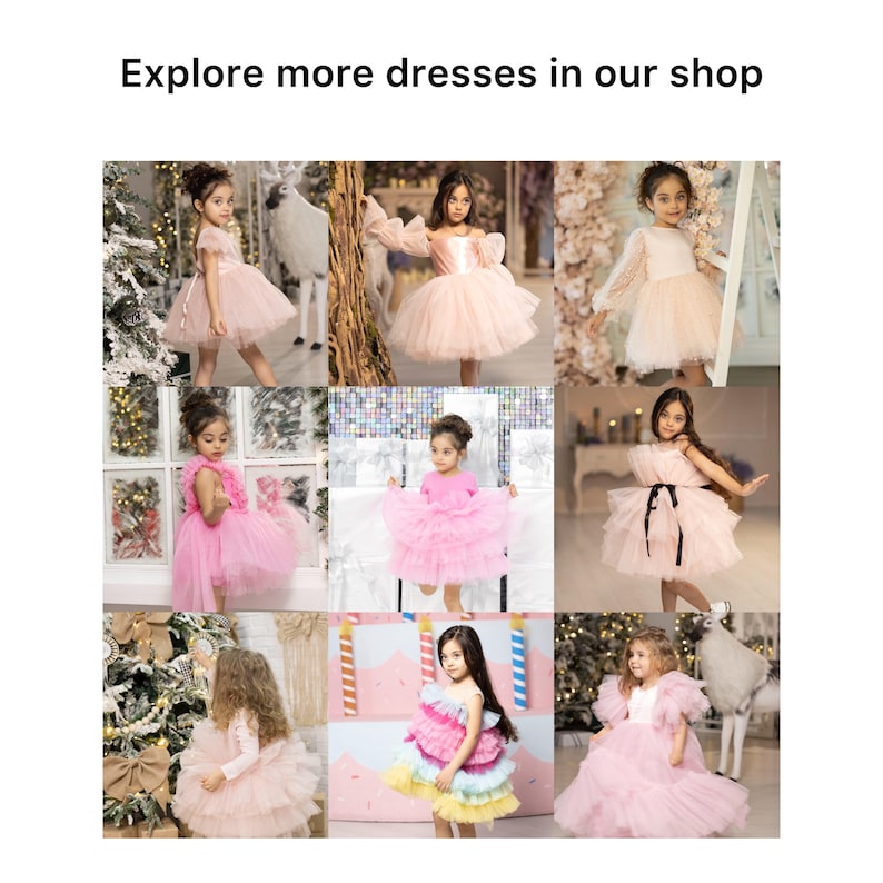 Puede incluir: Un collage de nueve im&aacute;genes de ni&ntilde;as peque&ntilde;as con varios vestidos rosas y de colores pastel. Los vestidos presentan faldas de tul, corpi&ntilde;os con volantes y mangas largas. El texto "Explora m&aacute;s vestidos en nuestra tienda" est&aacute; en la parte superior.