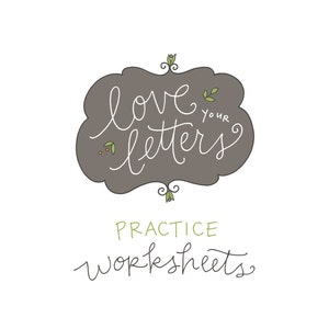 Pode incluir: Um gráfico cinza em forma de nuvem com o texto "love your letters" em escrita branca. Abaixo do gráfico está o texto "PRACTICE WORKSHEETS" em escrita verde.
