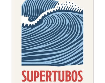 May include: A blue and white illustration of a large wave breaking, with the text "SUPERTUBOS" in red letters and "PENICHE, PORTUGAL" in black letters below.