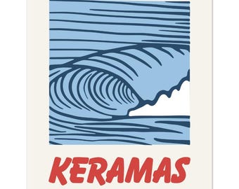 May include: A blue and white illustration of a large wave breaking, with the text "KERAMAS" in red letters and "BALI, INDONESIA" in black letters below.