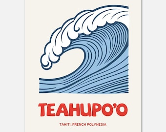 以下が含まれることがあります： 大きな波が砕ける青と白のイラスト。波の下に赤い文字で「TEAHUPO'O」と書いてある。赤い文字の下に黒い文字で「TAHITI. フレンチポリネシア」と書いてある。