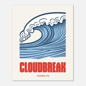May include: A blue and white illustration of a large wave breaking, with the text "CLOUDBREAK" in red letters and "TAVARUA, FIJI" in black letters below.