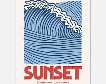 Surf Poster, Sunset beach hawaii, surf art, wall art, surfing print, vintage style surf print