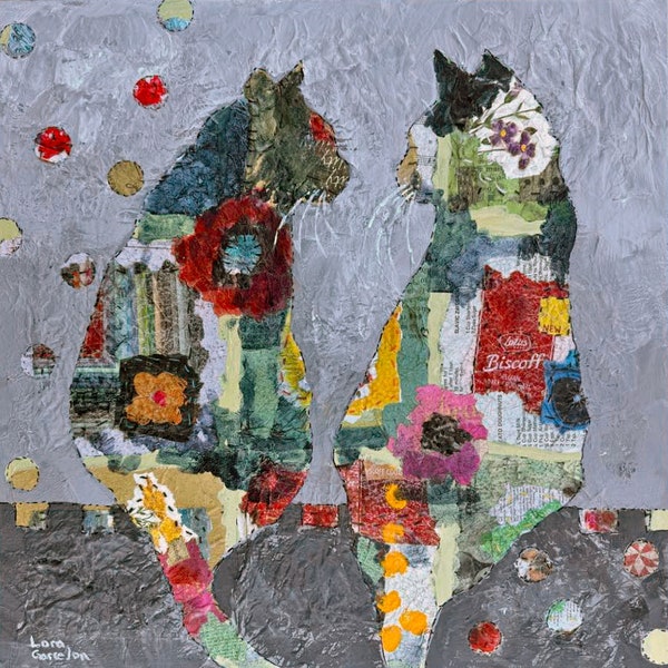 Fine Art Print, Two Cats Collage by Lora Garcelon, " The Spectators", 12x12 inches