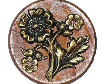 Button ~ Antique Wooden Button, Metal Flowers - Medium