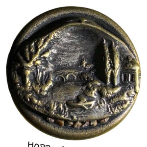 Button Antique - Ball, Metal Pictorial, Very Unusual Construction, Boating, Bridge - Small