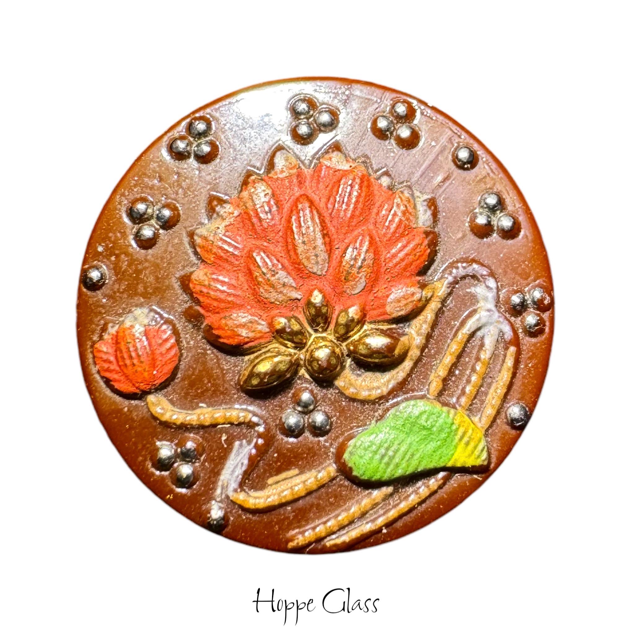 Button Vintage - Flower, Hand-Painted, Brown Glass Base - Small
