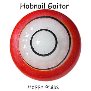 May include: A circular object with a bright orange outer rim and a white center featuring a black circular outline. The text Hobnail Gaitor is printed above the object, and the text Hoppe Glass is printed below the object on a white background.