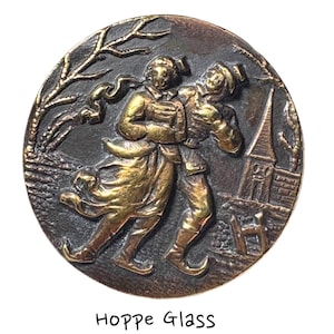 Button Antique - Rare, Couple Skating, Metal Pictorial - Medium