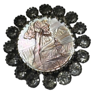 Button Antique -  Women Standing by a Tree & House, Pearl, Claw-Set Paste Border, Set in Metal Carved - Medium