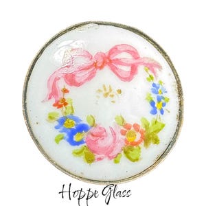 Button Antique - Porcelain, Hand-Painted, Set in Metal, Pictorial - Small