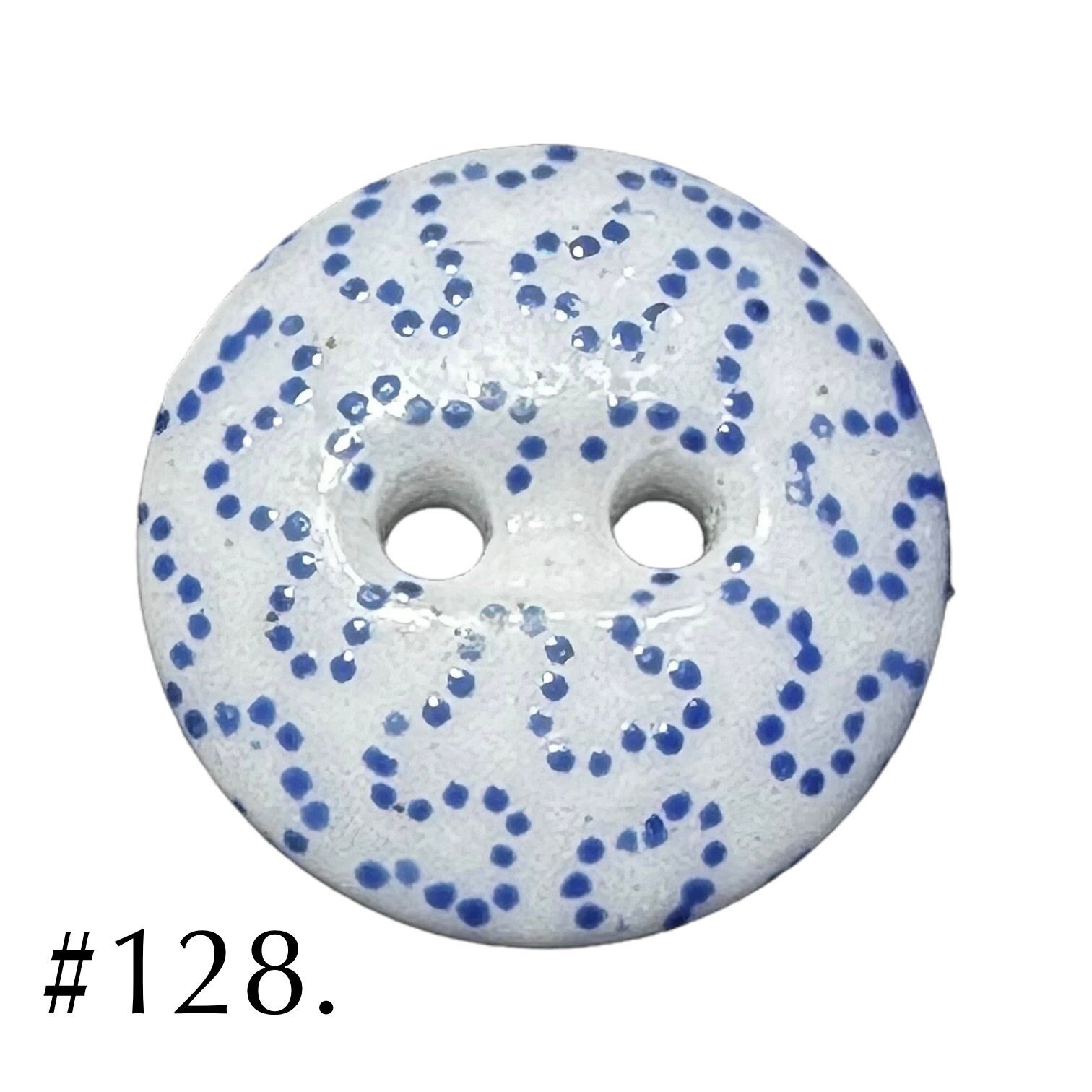 Button Antique - 2-Hole, China Calico, White Body with Blue Transfer - Small