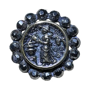 Button Antique - Women Watering, Cut Steel Border, Pictorial Metal - Medium