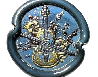 Studio Button ~ Cello, "Bimini-Like" Enameled Trim, Real Gold, Silver & Brass, Turquoise Glass Base, Lampworked - Large