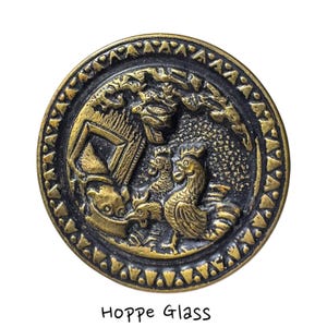 Button Antique - 3 Roosters and Dog, Metal Pictorial - Medium