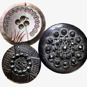 Buttons Antique - 3 Pearls, Incised, Carved & Steel Trim - Mediums