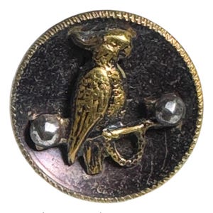 Button Antique - Parrot, Steel Trim, Metal Pictorial - Small