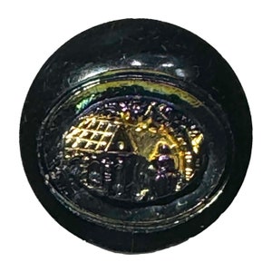 Button Antique -  Standing Women & House, Aurora Luster, Black Glass - Small