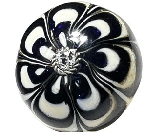 Button ~ Nailsea-Like, Impressed Silver Ring, White CZ, Ivory Base with Bluestone Overlay - Small