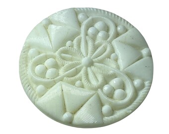 Button - Antique White Glass, Imitation Fabric Design - Large