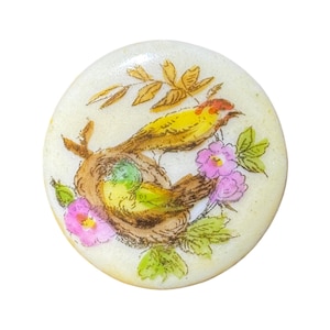 Button Antique - Bird & Chick in Nest, Porcelain, Hand-Painted, Pictorial - Medium