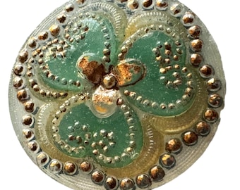 Button Antique - Clambroth or Opalescent Glass, Hearts, Back & Front Re-Painted - Medium