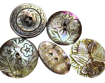 Buttons Antique - 5 Small Pearl, Incised, Carved & Dyed Buttons - Smalls