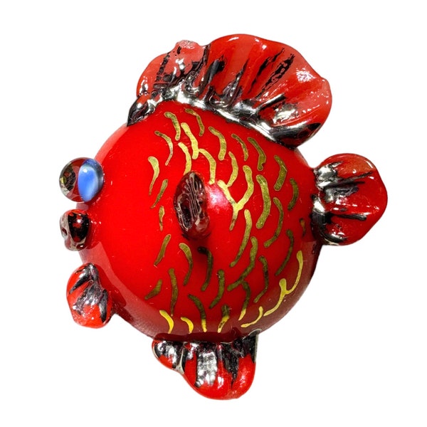 Button Studio ~ Fish, Bimini-Like, Moveable Glass Beads, Hollow, Blown, 10K Gold & Silver and Bronze Paint, Orange Glass Base - Large