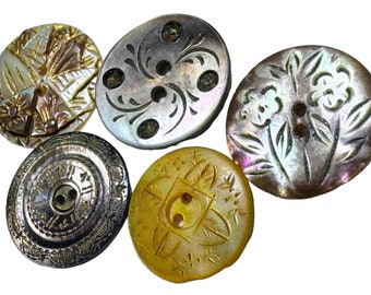 Buttons Antique - 5 Pearls, Incised, Carved & Steel Trim - Smalls