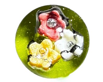 Studio Button ~ Porcelain and CZ's Embedded, Paperweight, Lampworked, Green Glass Base - Small