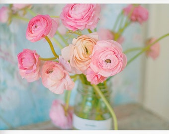 Still Life Photography, Colorful Floral Bouquet Photo, Ranunculus Print, Pink Blue Pastel Flowers, Botanical Wall Art, Romantic Home Decor