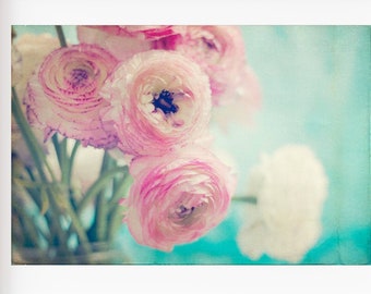 Mint Ranunculus Photo, Mint Green Pink Decor, Ranunculus Photo, Fine Art Flower Print, Romantic Wall Art, Botanical Print, Ranunculus Photo