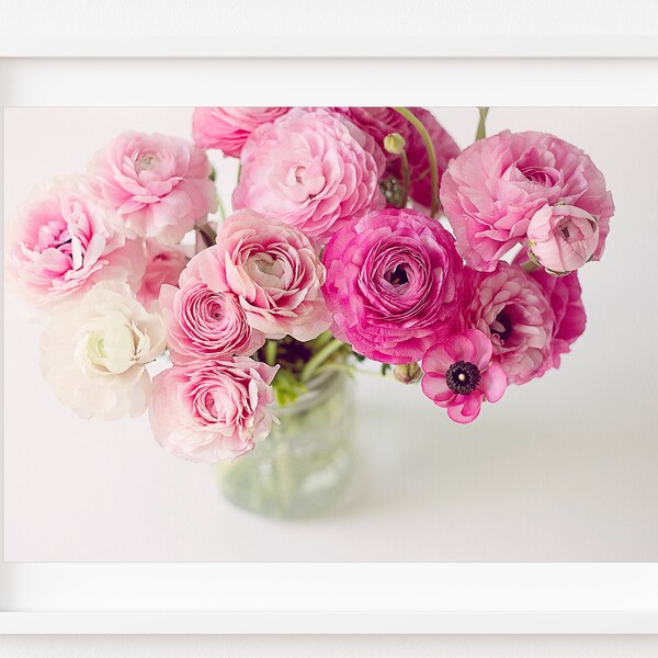 Ranunkel Wandkunst, rosa Ranunkel Foto, Blumenstrauß Ranunkel Druck, romantische Wandkunst, Blumenwandkunst, rosa Wandkunst, rosa Blume Foto