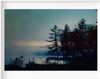 Landscape Photography, Tree Print, Dark Moody Art, Blue Decor, Dreamy Surreal Photo, New Hampshire Photo, Nature Print, Foggy Lake Photo