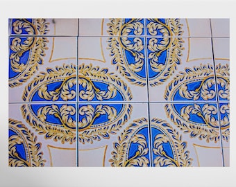 Davis Square Somerville Photo, Tile Wall Art Print, Abstract Wall Art, Davis Square Tiles Photo, Blue and Gold Wall Art, Vintage Tile Print