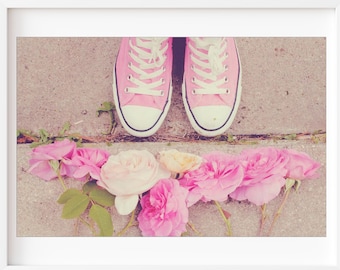 Teen Room Photography, Pink Bedroom Decor, Floral Photo,  Feminine Sneakers Print, Girls Room Art, Whimsical Fun Print, Pink