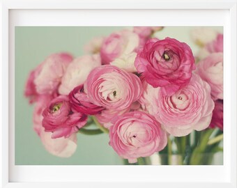 Pink Ranunculus Photograph, Flower Bouquet Still Life, Floral Art Print, Pale Blue Decor, Nature Photography, Pink Decor, Pink Ranunculus