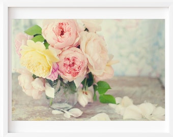 Still Life Photography - Rose Botanical Print Wall Art Flower Photography Print English Roses Still Life Pastel Floral Wall Art Pale Pink