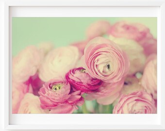 Pink Ranunculus Photograph, Flower Bouquet Still Life, Floral Art Print, Green Decor, Nature Photography, Pink Decor, Pastel Ranunculus