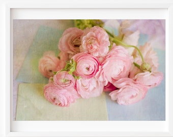 Still Life Photography - Pink Bouquet Ranunculus Flowers Photo Soft Romantic Watercolor Texture Still Life Girls Room Decor Pastel Pink Art