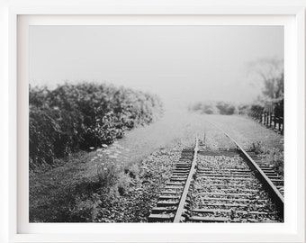 Black And White Photography, Nova Scotia Print, Canada Photo, Train Photo, Train Tracks Photo, Train Print, Black and White Whimsical Art