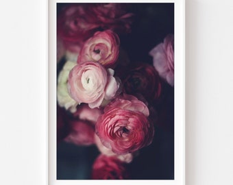 Moody Still Life Photo, Dark Ranunculus Floral Still Life Print, Cottage Home Decor, Dark Botanical Print, Dark Moody Flower Print,